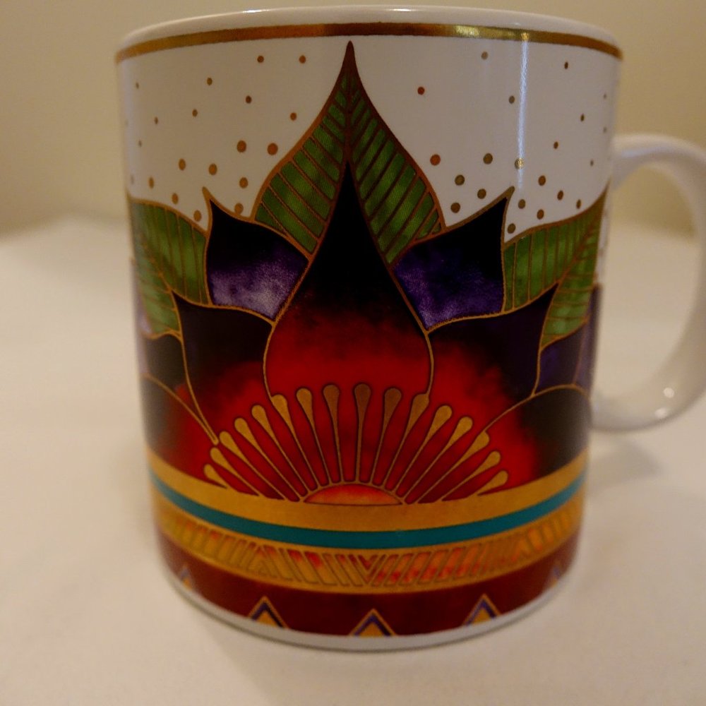 Laurel Burch Coffee Mug Cup Celestial Lotus Abstract Floral Gold Metalli…